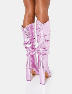 Manhattan Metallic Pink Pointed Toe Knee High Narrow Block Heel Boots