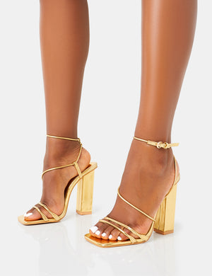Marley Gold Pu Strappy Barely There Square Toe Block Heels