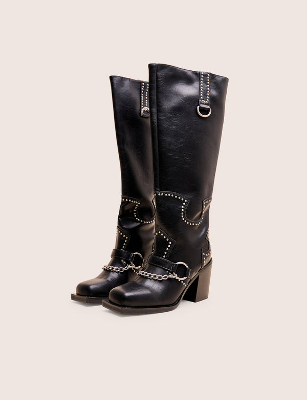Nashville Black Western Studded Block Heel Knee High Boot