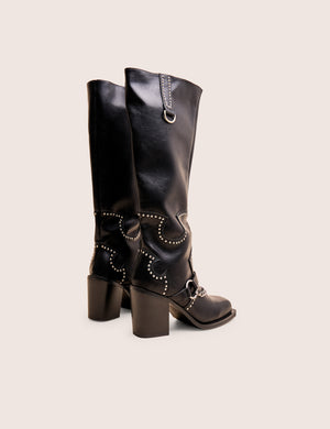 Nashville Wide Fit Black Western Studded Block Heel Knee High Boot