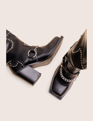 Nashville Wide Fit Black Western Studded Block Heel Knee High Boot