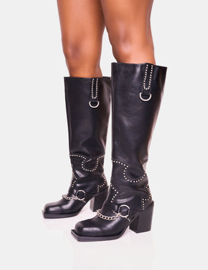 Nashville Black Western Studded Block Heel Knee High Boot