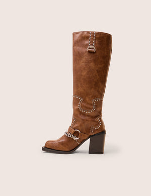 Nashville Vintage Brown Western Studded Block Heel Knee High Boot
