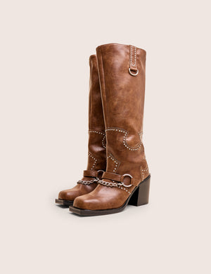 Nashville Vintage Brown Western Studded Block Heel Knee High Boot