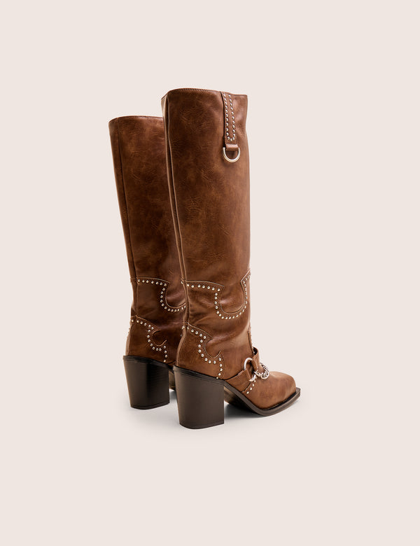 Nashville Vintage Brown Western Studded Block Heel Knee High Boot