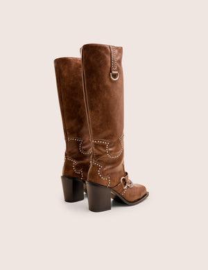 Nashville Vintage Brown Western Studded Block Heel Knee High Boot