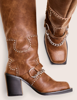 Nashville Vintage Brown Western Studded Block Heel Knee High Boot