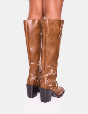 Nashville Vintage Brown Western Studded Block Heel Knee High Boot