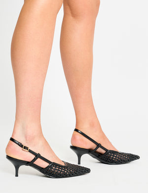 Neita Black Pu Woven Slingback Court Mid Heels