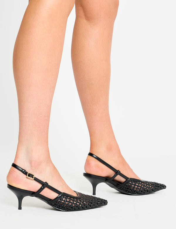 Neita Black Pu Woven Slingback Court Mid Heels