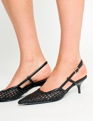 Neita Black Pu Woven Slingback Court Mid Heels