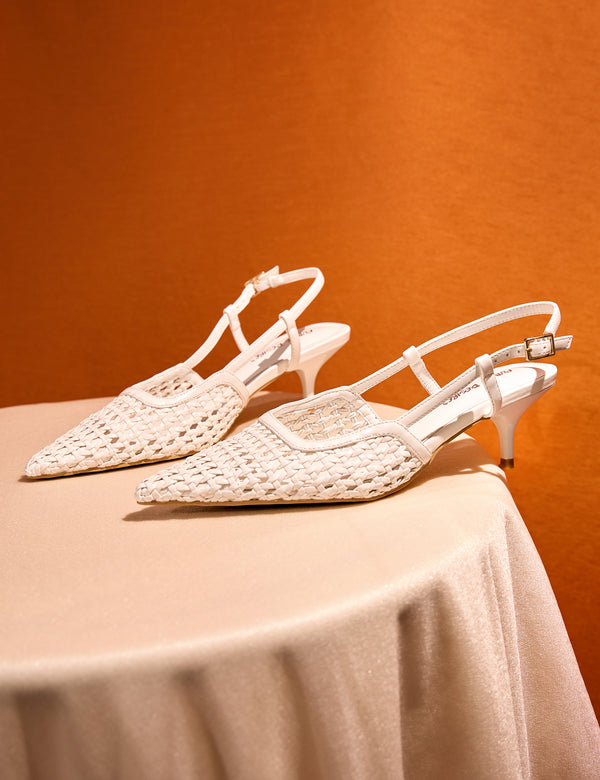 Neita White Pu Woven Slingback Court Mid Heels