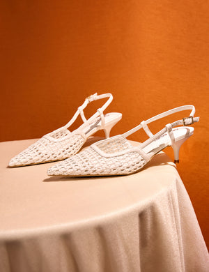 Neita White Pu Woven Slingback Court Mid Heels