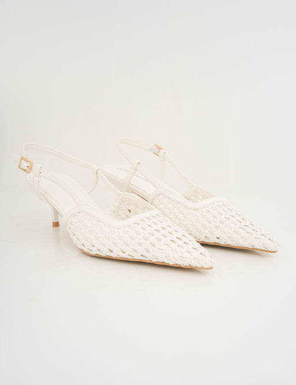 Neita White Pu Woven Slingback Court Mid Heels