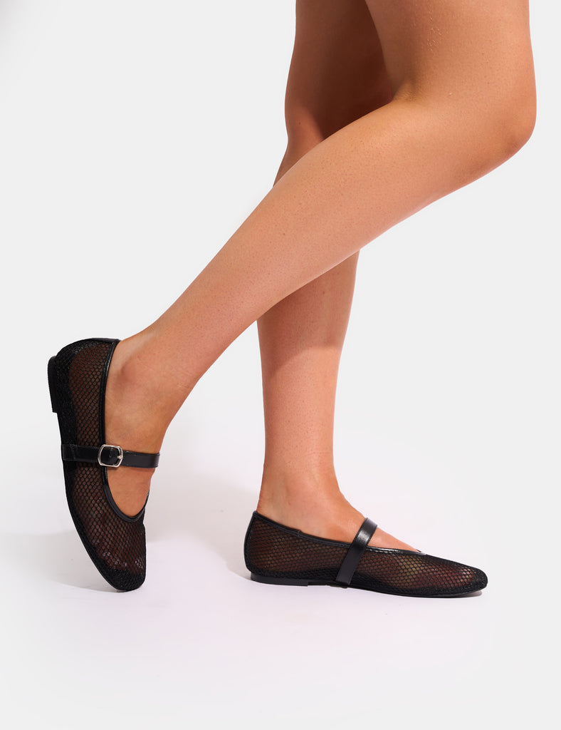 Nelly Black Mesh Buckle Strap Ballet Flat Pumps Public Desire