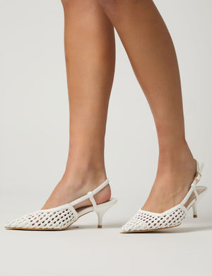 Neita White Pu Woven Slingback Court Mid Heels