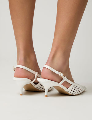 Neita White Pu Woven Slingback Court Mid Heels