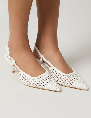 Neita White Pu Woven Slingback Court Mid Heels