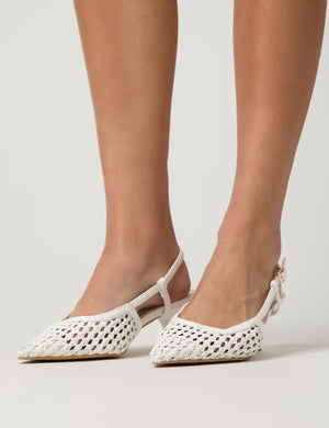 Neita White Pu Woven Slingback Court Mid Heels