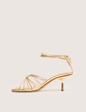 Nora Gold Pu Lace Up Strappy Mid Heels