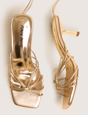 Nora Wide Fit Gold Pu Lace Up Strappy Mid Heels