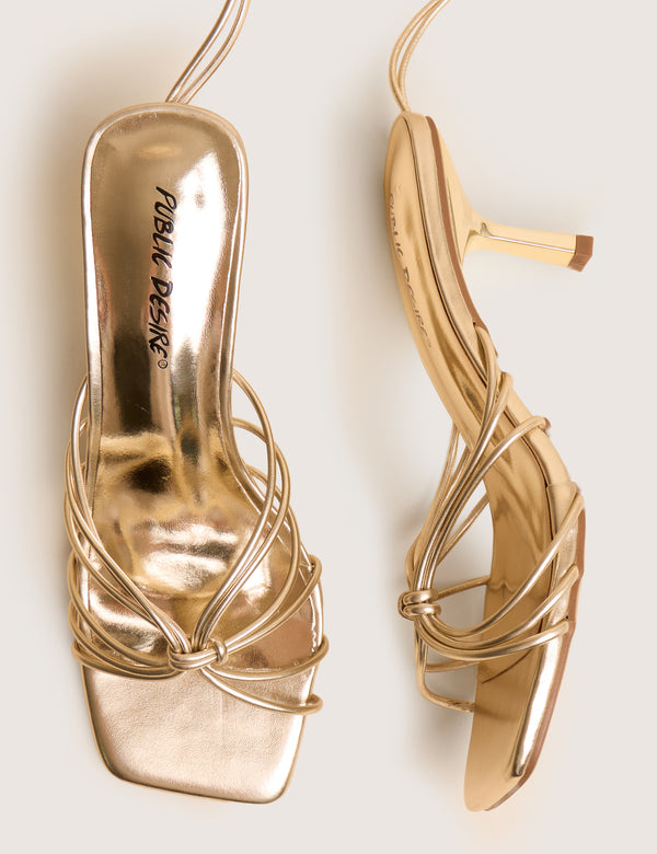 Nora Wide Fit Gold Pu Lace Up Strappy Mid Heels