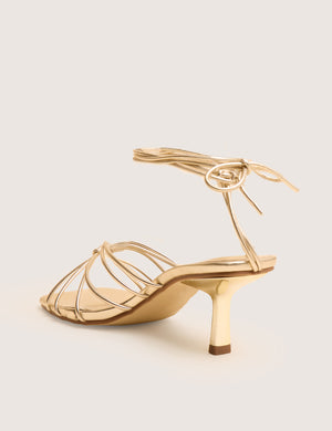 Nora Wide Fit Gold Pu Lace Up Strappy Mid Heels
