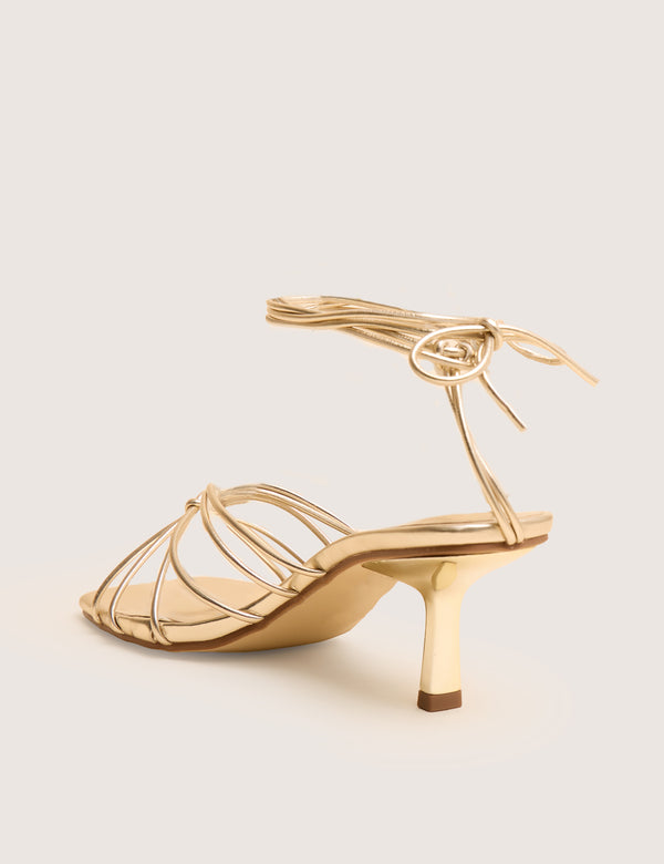 Nora Wide Fit Gold Pu Lace Up Strappy Mid Heels