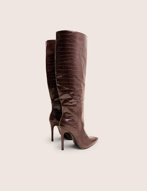 Nova Chocolate Brown Croc Knee High Stiletto Boots