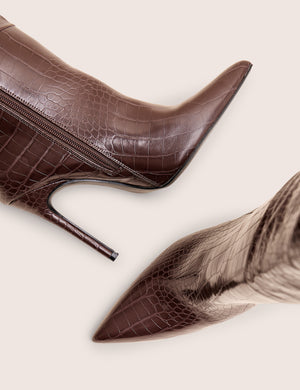 Nova Chocolate Brown Croc Knee High Stiletto Boots