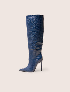 Nova Chocolate Navy Croc Knee High Stiletto Boots
