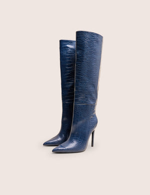 Nova Chocolate Navy Croc Knee High Stiletto Boots