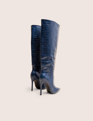 Nova Chocolate Navy Croc Knee High Stiletto Boots