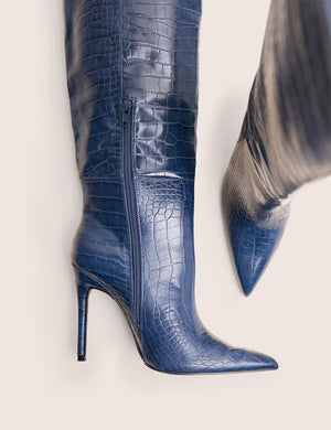 Nova Chocolate Navy Croc Knee High Stiletto Boots