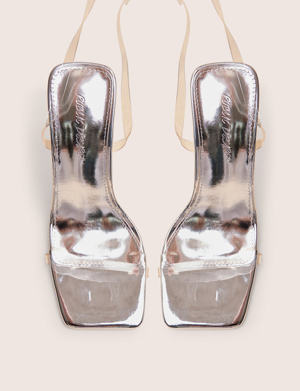 Rya Silver Mirror Square Toe Strappy Barely There Stiletto High Heels