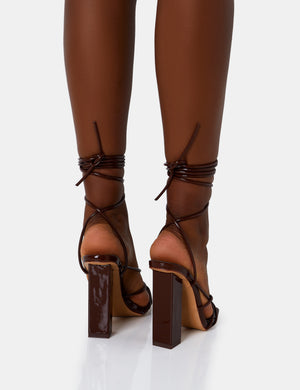 Nyla Chocolate Patent Strappy Lace Up Square Toe Block Heels