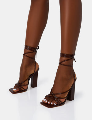 Nyla Chocolate Patent Strappy Lace Up Square Toe Block Heels