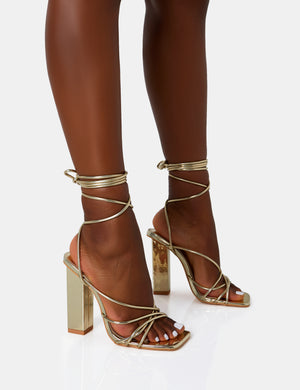 Nyla Gold Mirror Strappy Lace Up Square Toe Block Heels