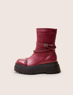 Odessa Burgundy Multi Strap Detail Chunky Sole Ankle Boots