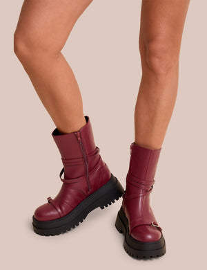 Odessa Burgundy Multi Strap Detail Chunky Sole Ankle Boots