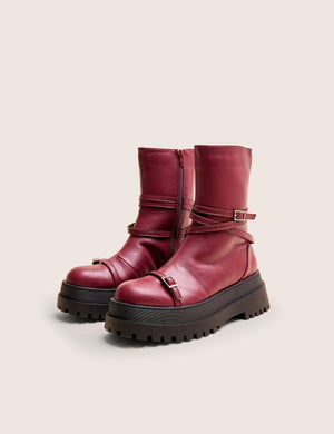 Odessa Burgundy Multi Strap Detail Chunky Sole Ankle Boots