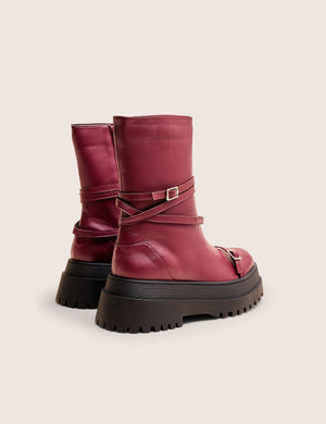 Odessa Burgundy Multi Strap Detail Chunky Sole Ankle Boots