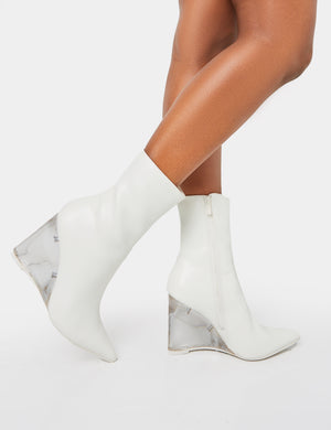 Ohio White Pu Perspex Wedge Pointed Toe Ankle Boots