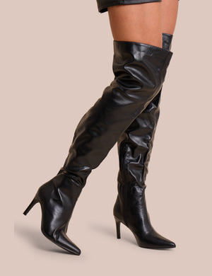 Orton Black Pu Over The Knee Mid Heel Pointed Toe Boots