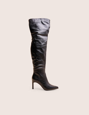 Orton Black Pu Over The Knee Mid Heel Pointed Toe Boots