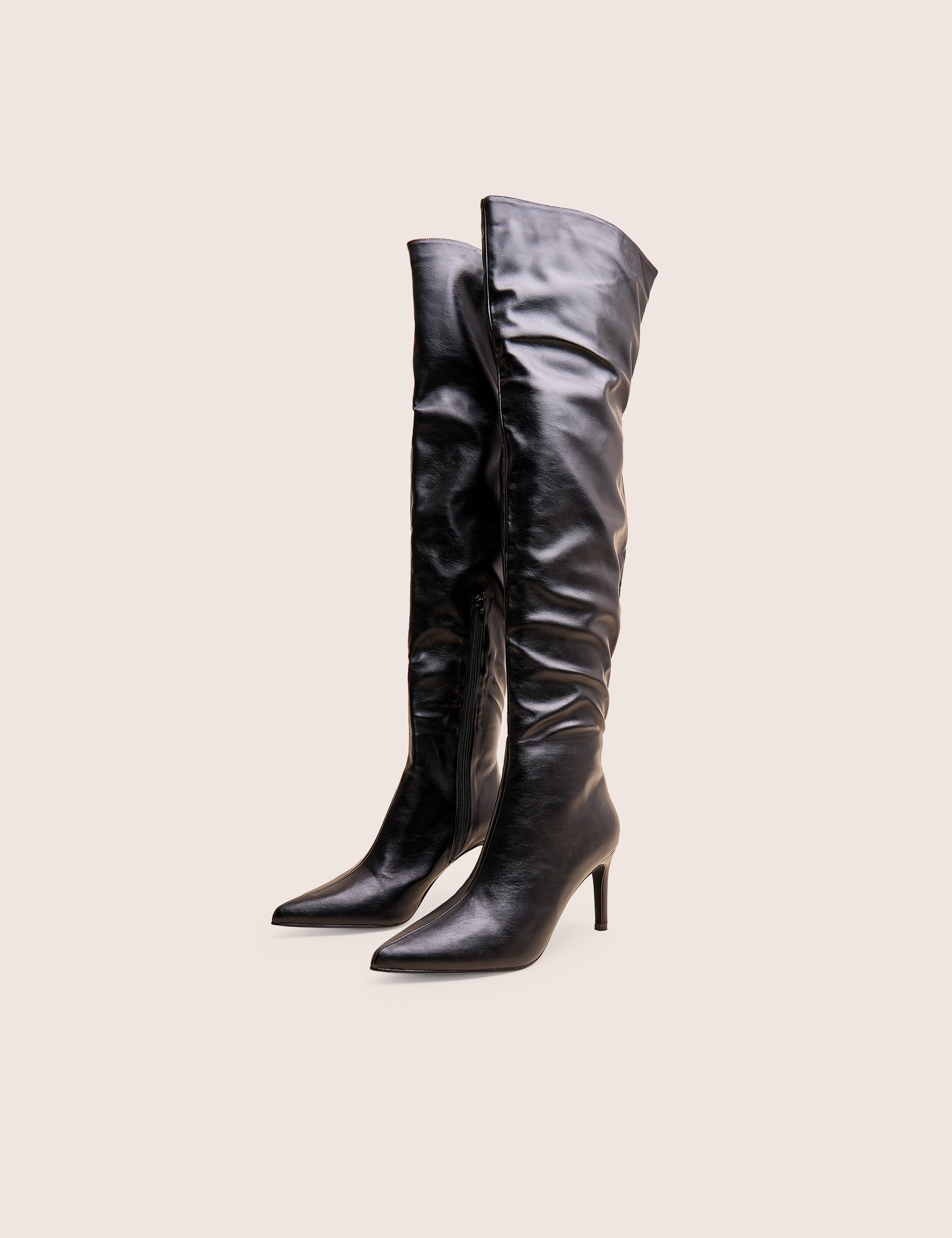 Orton Black Pu Thigh High Mid Heel Pointed Toe Boots | Public Desire