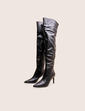 Orton Black Pu Over The Knee Mid Heel Pointed Toe Boots