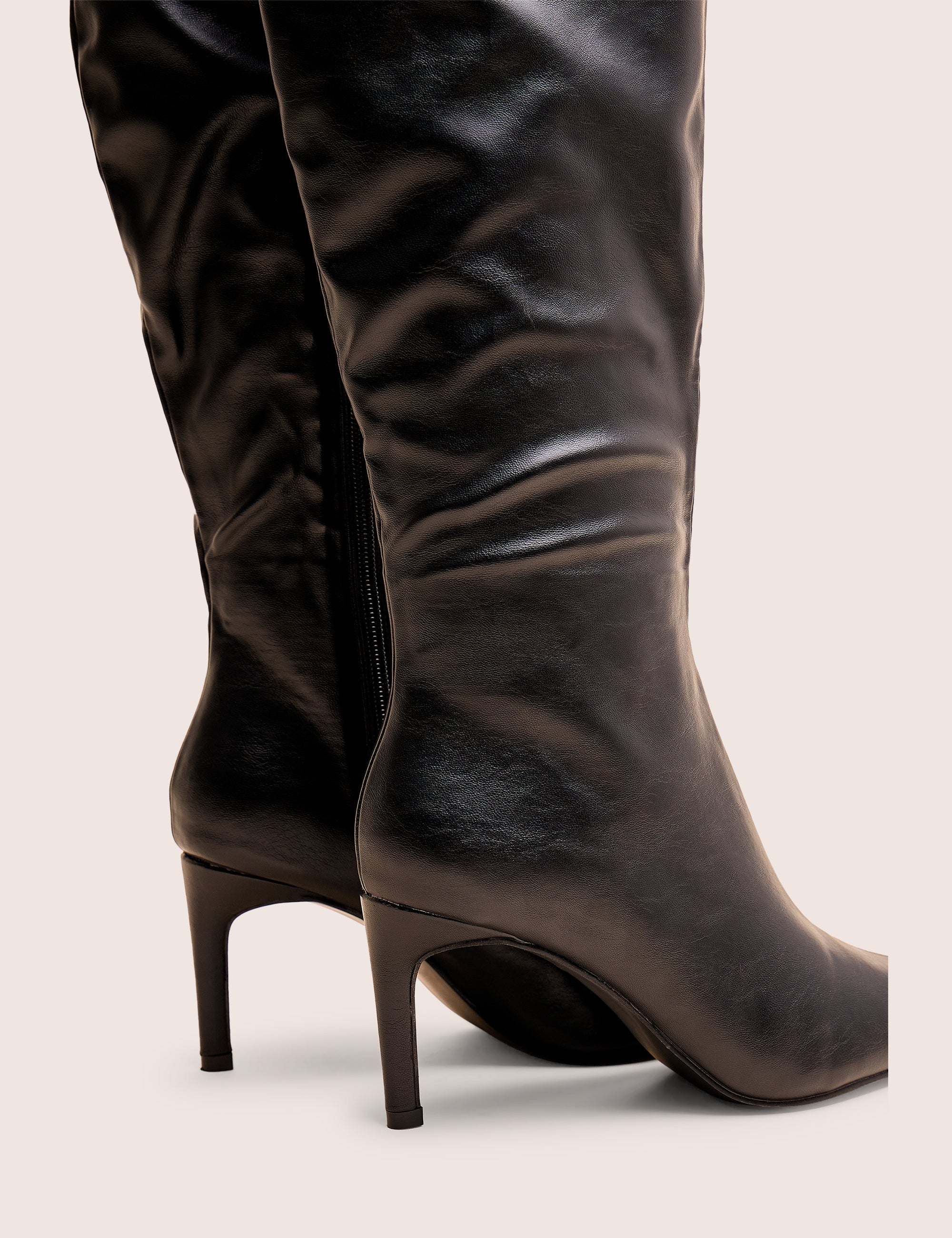 Orton Black Pu Thigh High Mid Heel Pointed Toe Boots | Public Desire