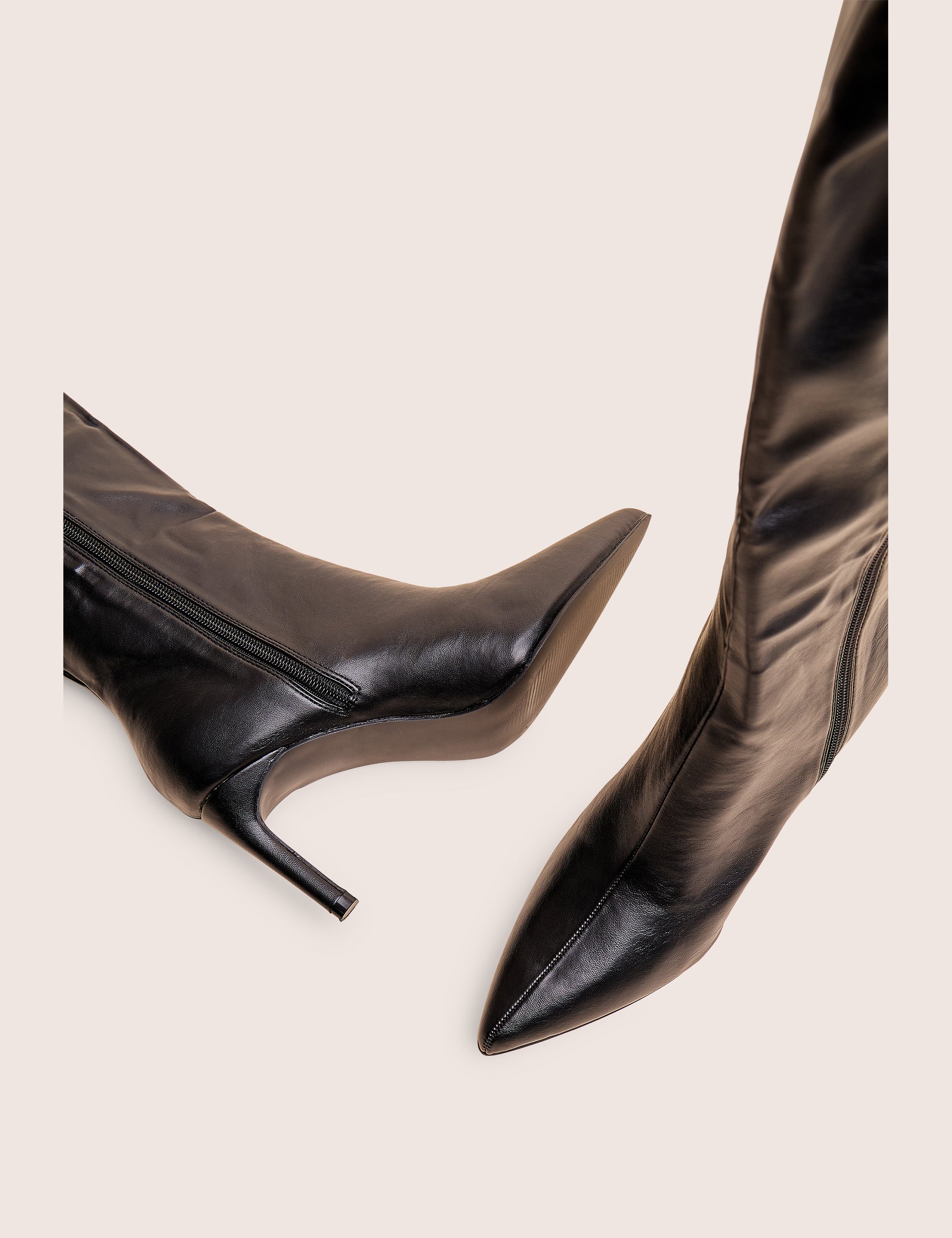 Orton Black Pu Thigh High Mid Heel Pointed Toe Boots | Public Desire