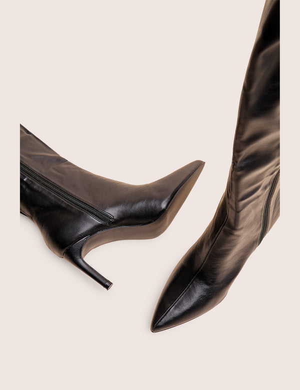 Orton Black Pu Over The Knee Mid Heel Pointed Toe Boots